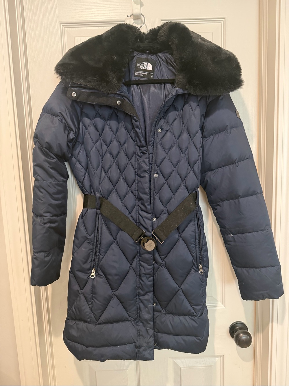 The North Face Navy Quilted Puffer Coat with Black Faux Fur Collar